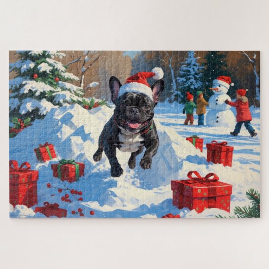 Zwarte Franse Bulldog Kerstfeest Sneeuwscène Legpuzzel (Horizontaal)