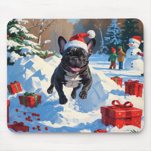 Zwarte Franse Bulldog Kerstfeest Sneeuwscène Muismat (Voorkant)