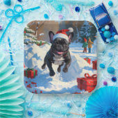 Zwarte Franse Bulldog Kerstfeest Sneeuwscène Papieren Bordje (Feest)