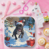 Zwarte Franse Bulldog Kerstfeest Sneeuwscène Papieren Bordje (Feest)