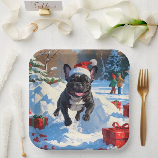 Zwarte Franse Bulldog Kerstfeest Sneeuwscène Papieren Bordje (Huwelijk)