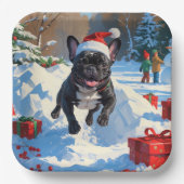 Zwarte Franse Bulldog Kerstfeest Sneeuwscène Papieren Bordje (Voorkant)