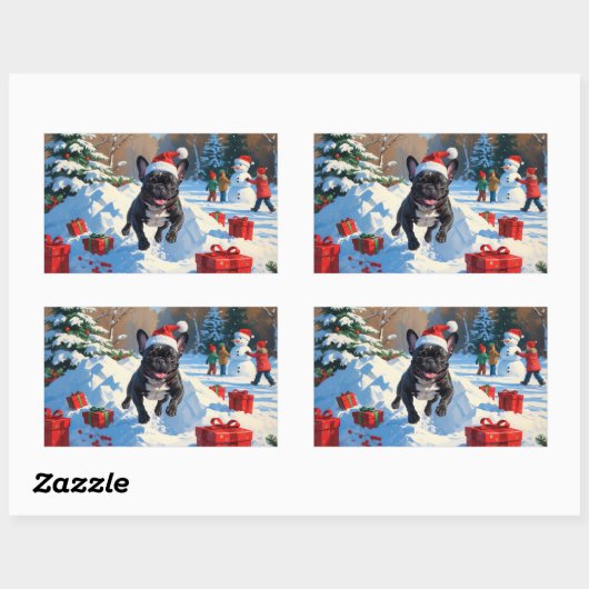 Zwarte Franse Bulldog Kerstfeest Sneeuwscène Rechthoekige Sticker (Vel)