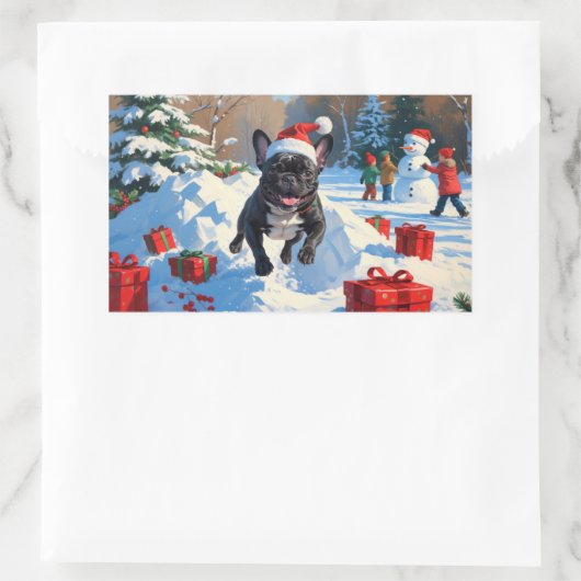 Zwarte Franse Bulldog Kerstfeest Sneeuwscène Rechthoekige Sticker (Tas)