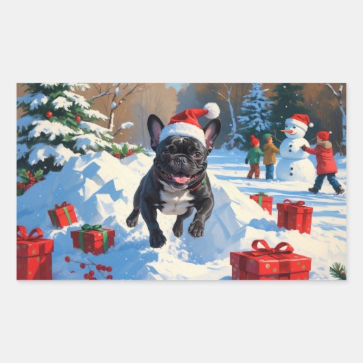 Zwarte Franse Bulldog Kerstfeest Sneeuwscène Rechthoekige Sticker (Voorkant)