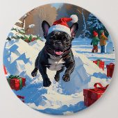 Zwarte Franse Bulldog Kerstfeest Sneeuwscène Ronde Button 6,0 Cm (Voorkant)