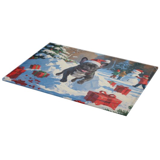 Zwarte Franse Bulldog Kerstfeest Sneeuwscène Snijplank (Hoek)