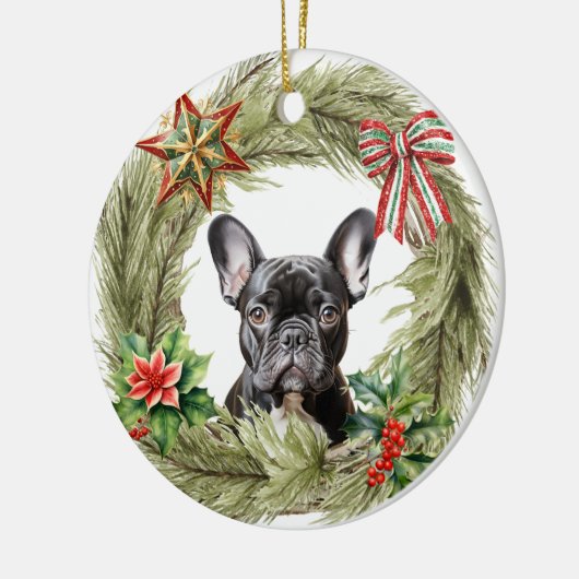 Zwarte Franse Bulldog Star Bow Krans Keramisch Ornament (Links)