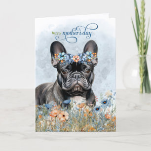 Zwarte Franse Bulldog Wilde Bloemen Moederdag Feestdagen Kaart