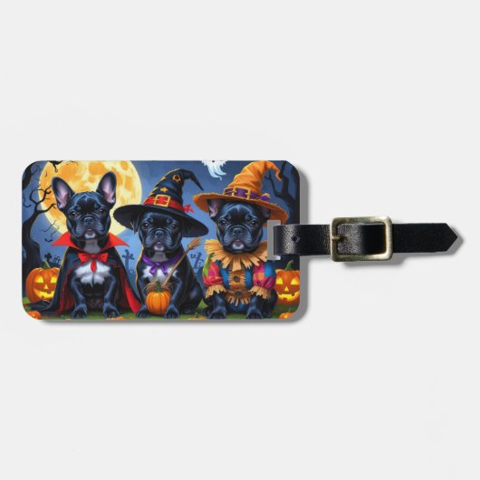 Zwarte Franse Bulldogs Pompoen Halloween Grappig Bagagelabel (Voorkant horizontaal)