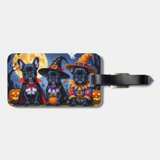 Zwarte Franse Bulldogs Pompoen Halloween Grappig Bagagelabel (Achterkant horizontaal)