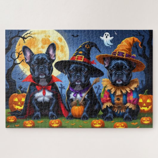 Zwarte Franse Bulldogs Pompoen Halloween Grappig Legpuzzel (Horizontaal)