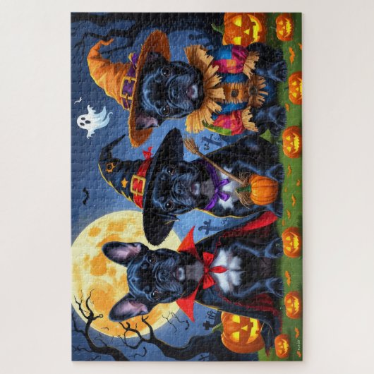 Zwarte Franse Bulldogs Pompoen Halloween Grappig Legpuzzel (Verticaal)