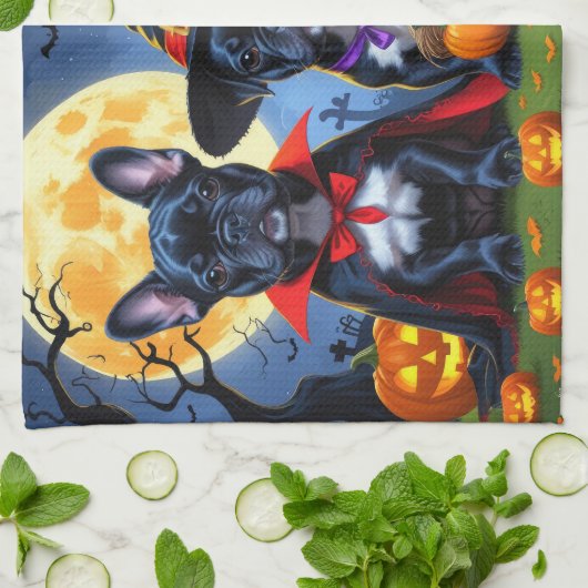 Zwarte Franse Bulldogs Pompoen Halloween Grappig Theedoek (Gevouwen)