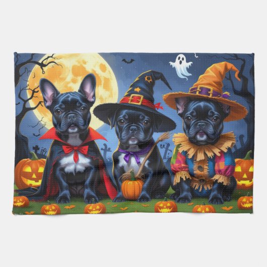 Zwarte Franse Bulldogs Pompoen Halloween Grappig Theedoek (Horizontaal)