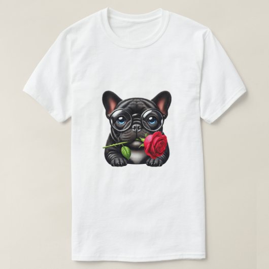 Zwarte Frenchie rode roos T-shirt (Design voorkant)