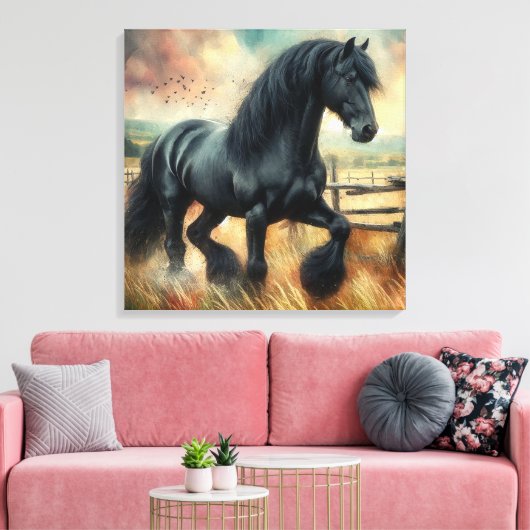 Zwarte Fresian Horse Pasture Rustic Fence Canvas Afdruk (Insitu (Woonkamer))