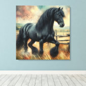 Zwarte Fresian Horse Pasture Rustic Fence Canvas Afdruk (Insitu (Houten vloer))