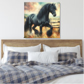 Zwarte Fresian Horse Pasture Rustic Fence Canvas Afdruk (Insitu (Slaapkamer))