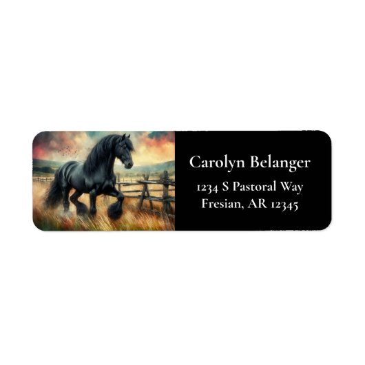 Zwarte Fresian Horse Pasture Rustic Fence Etiket (Voorkant)