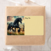 Zwarte Fresian Horse Pasture Rustic Fence Etiket (Insitu)