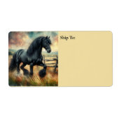 Zwarte Fresian Horse Pasture Rustic Fence Etiket (Voorkant)