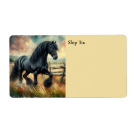 Zwarte Fresian Horse Pasture Rustic Fence Etiket