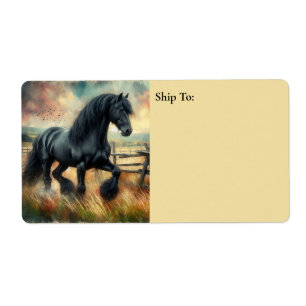 Zwarte Fresian Horse Pasture Rustic Fence Etiket