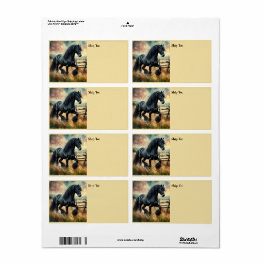Zwarte Fresian Horse Pasture Rustic Fence Etiket (Full Sheet)
