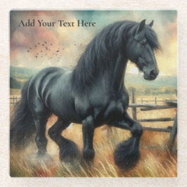 Zwarte Fresian Horse Pasture Rustic Fence Glazen Onderzetter