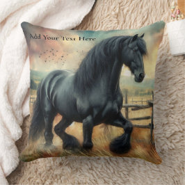 Zwarte Fresian Horse Pasture Rustic Fence Kussen