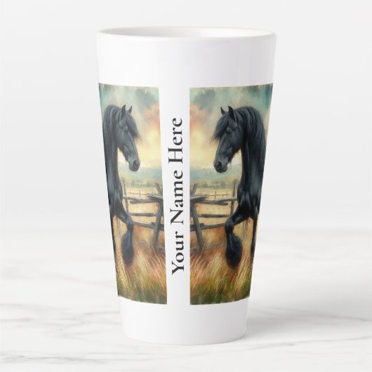 Zwarte Fresian Horse Pasture Rustic Fence Latte Mok (Voorkant)