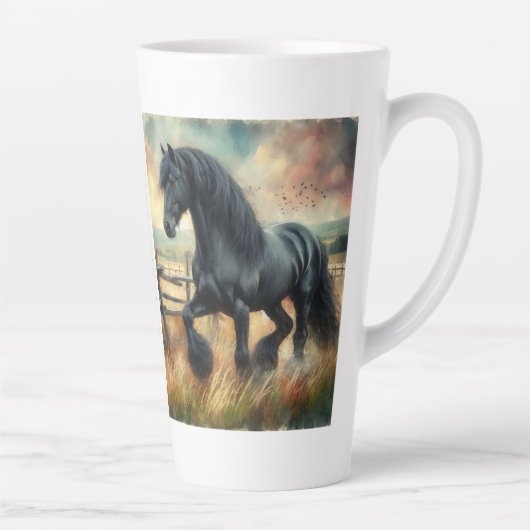 Zwarte Fresian Horse Pasture Rustic Fence Latte Mok (Rechts)