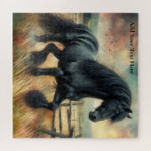 Zwarte Fresian Horse Pasture Rustic Fence Legpuzzel (Horizontaal)