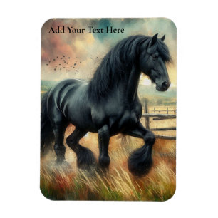 Zwarte Fresian Horse Pasture Rustic Fence Magneet