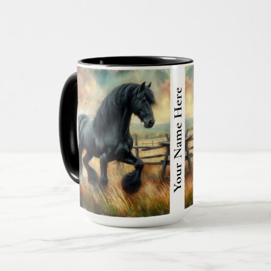 Zwarte Fresian Horse Pasture Rustic Fence Mok (Voorkant links)