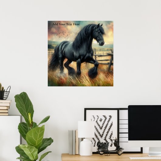 Zwarte Fresian Horse Pasture Rustic Fence Poster (Thuiskantoor)