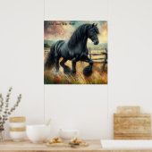 Zwarte Fresian Horse Pasture Rustic Fence Poster (Keuken)
