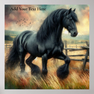 Zwarte Fresian Horse Pasture Rustic Fence Poster