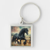 Zwarte Fresian Horse Pasture Rustic Fence Sleutelhanger (Voorkant)