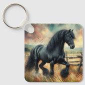 Zwarte Fresian Horse Pasture Rustic Fence Sleutelhanger (Voorkant)