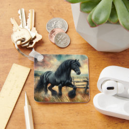 Zwarte Fresian Horse Pasture Rustic Fence Sleutelhanger