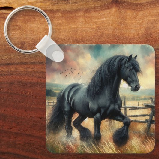 Zwarte Fresian Horse Pasture Rustic Fence Sleutelhanger (Voorkant)