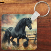 Zwarte Fresian Horse Pasture Rustic Fence Sleutelhanger (Achterkant)