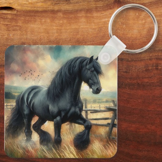 Zwarte Fresian Horse Pasture Rustic Fence Sleutelhanger (Achterkant)