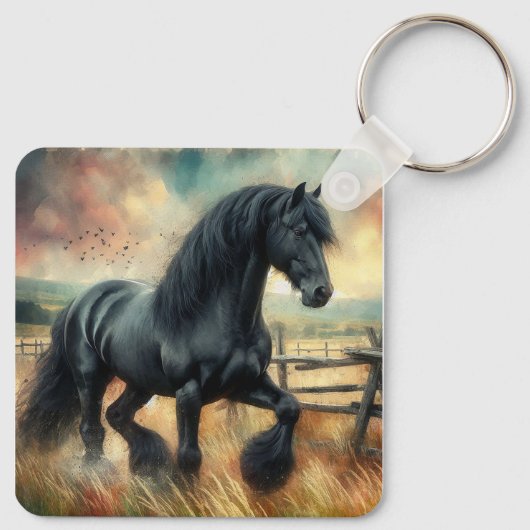 Zwarte Fresian Horse Pasture Rustic Fence Sleutelhanger (Achterkant)