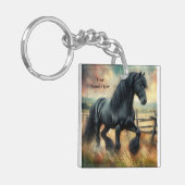 Zwarte Fresian Horse Pasture Rustic Fence Sleutelhanger (Voorkant Links)