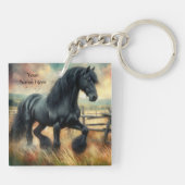 Zwarte Fresian Horse Pasture Rustic Fence Sleutelhanger (Achterkant)