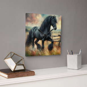 Zwarte Fresian Horse Pasture Rustic Fence Vierkante Klok