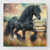Zwarte Fresian Horse Pasture Rustic Fence Vierkante Klok (Voorkant)